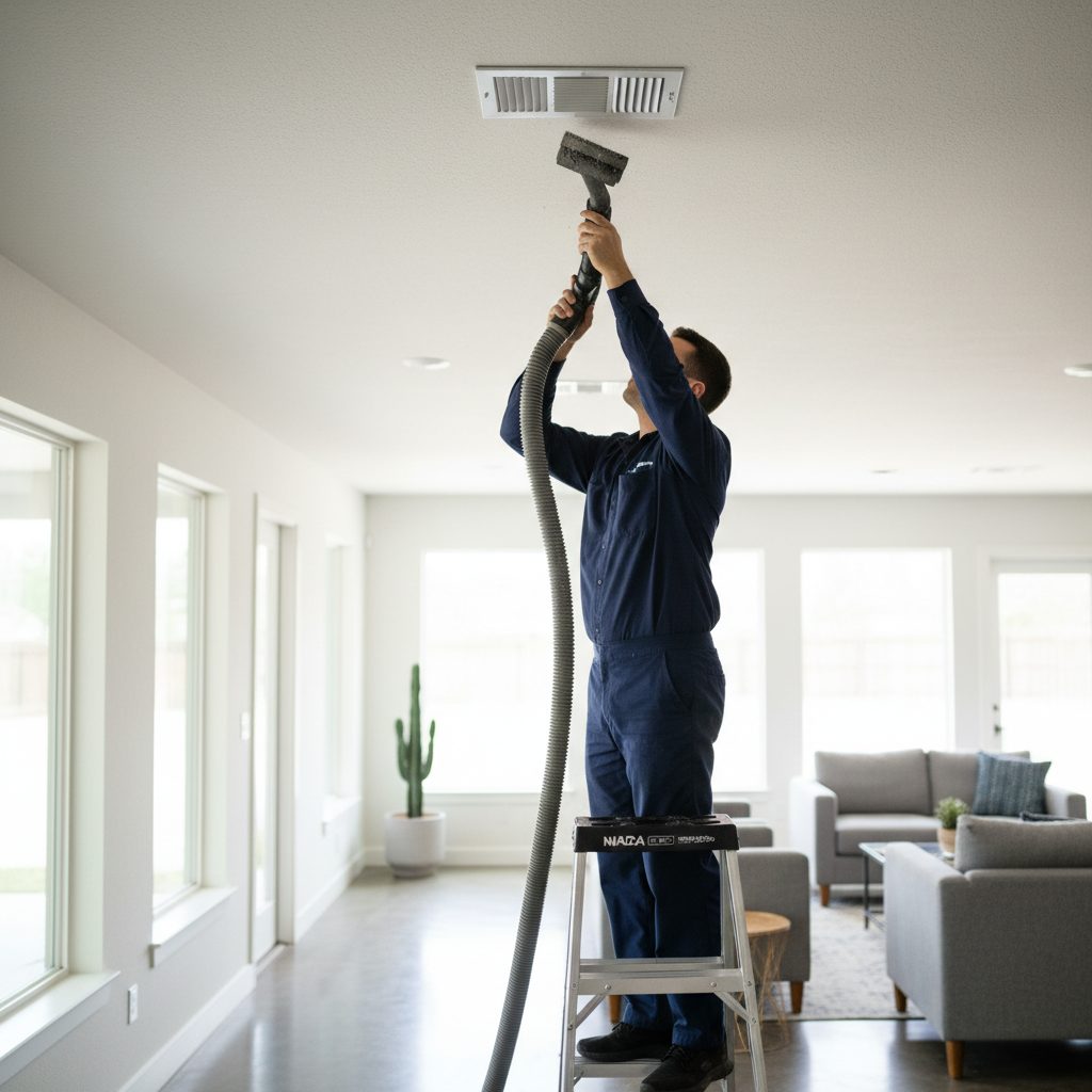 Air duct cleaning technician at an Austin, TX home