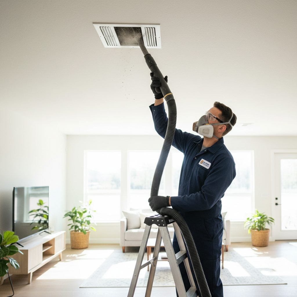 NADCA-certified technician cleaning HVAC air ducts in a Bastrop, TX home