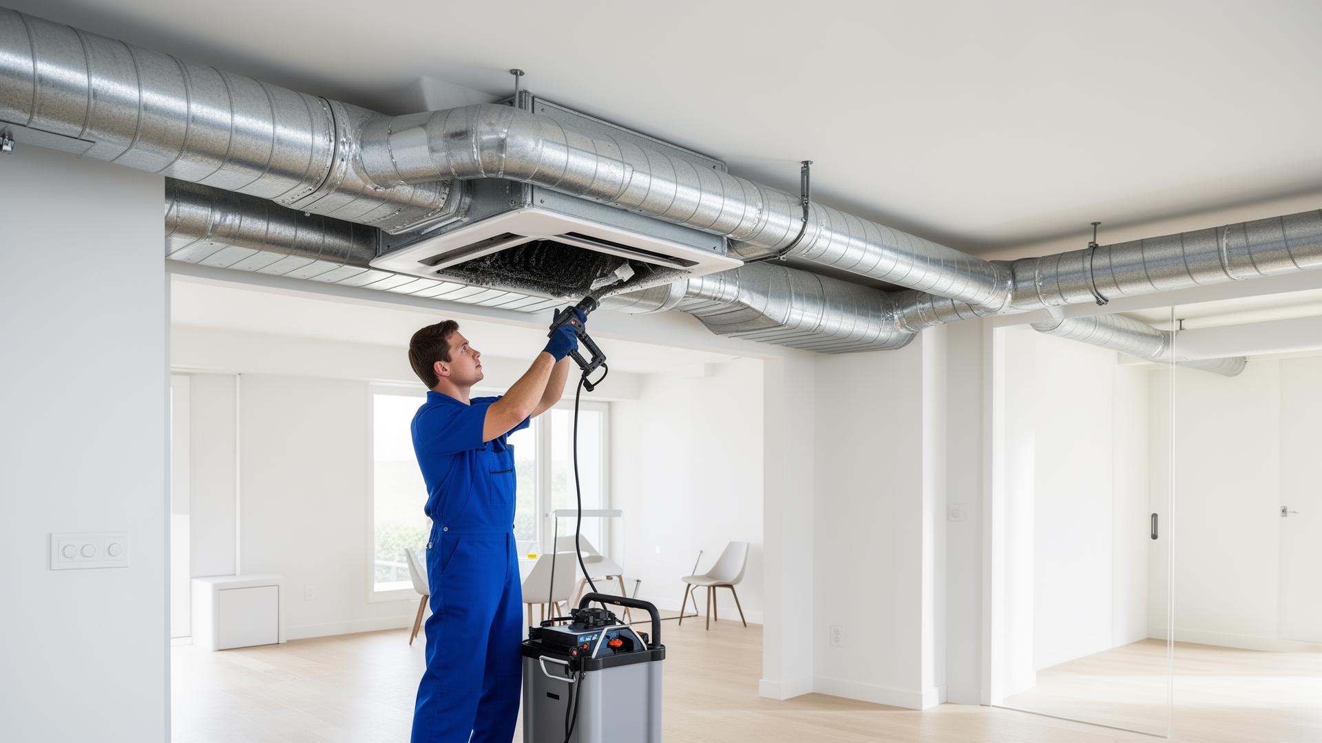 Professional technician cleaning residential air ducts with specialized equipment