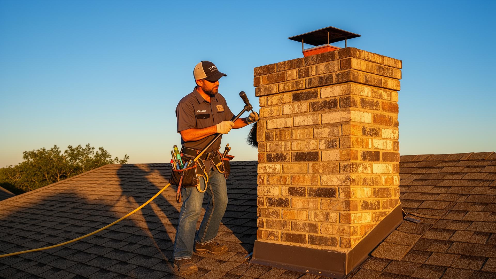 Professional chimney sweep technician inspecting a brick chimney on a Central Texas home