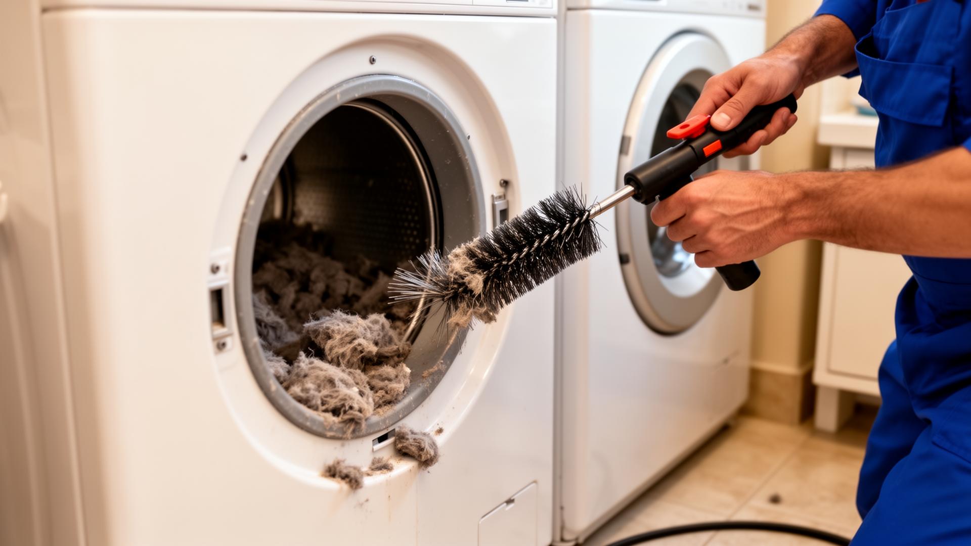 Technician cleaning lint buildup from a residential dryer vent for fire prevention