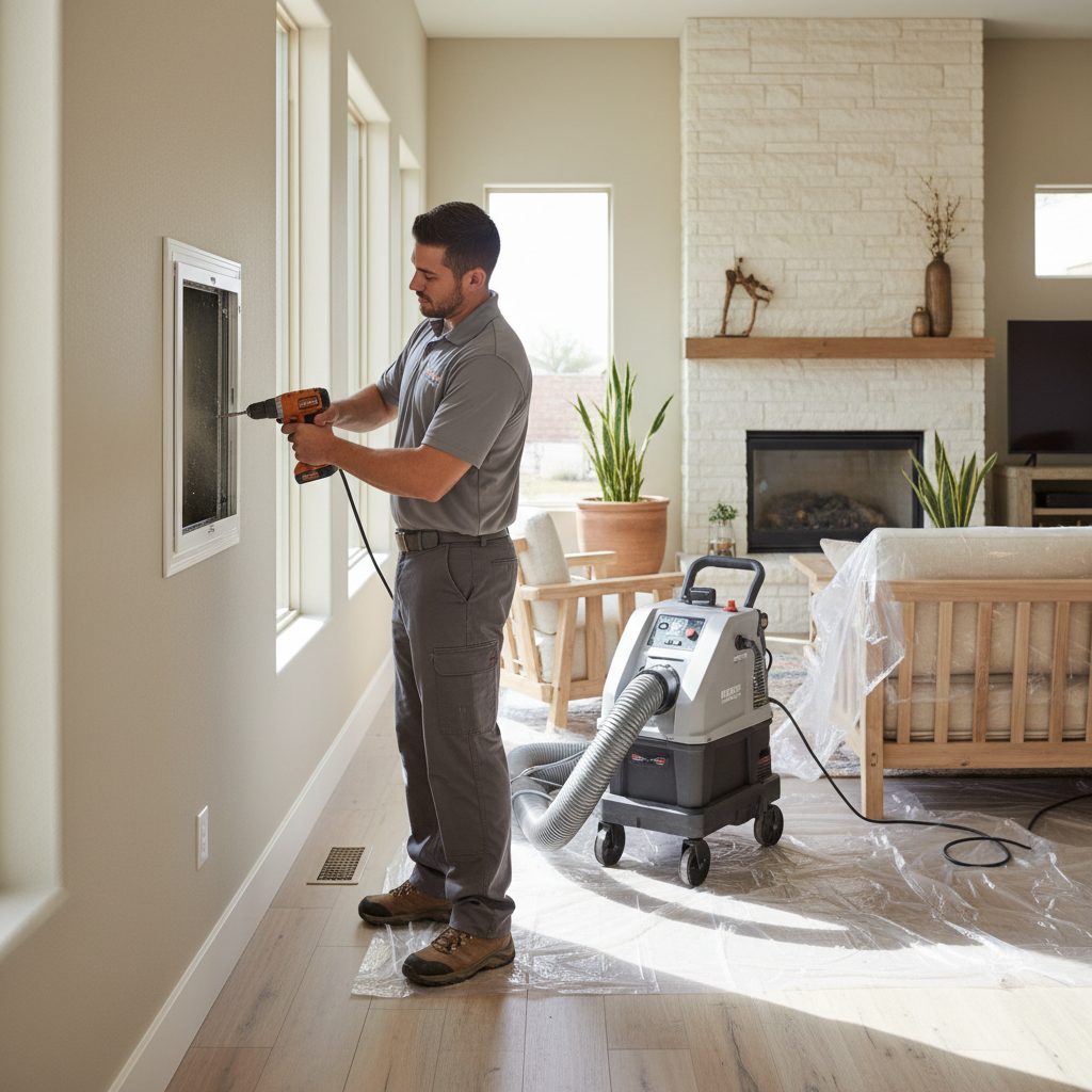 HVAC duct cleaning equipment set up in an Elgin, TX home