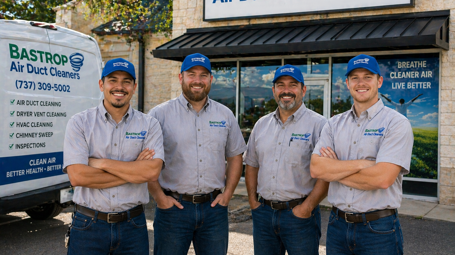 The Bastrop Air Duct Cleaners team standing in front of their branded service van and storefront in Bastrop, TX