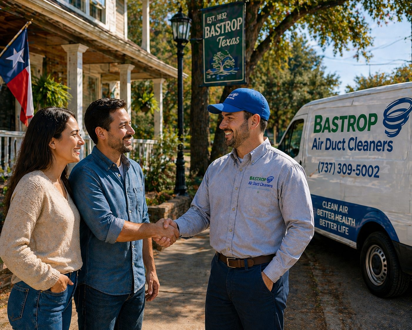 Bastrop Air Duct Cleaners technician shaking hands with happy homeowners after completing duct cleaning service in Bastrop, TX